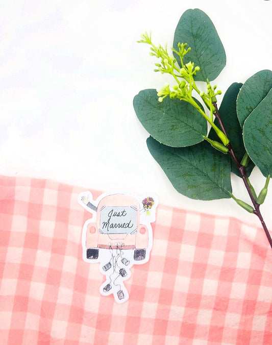 Just Married Car Watercolor Die-Cut Sticker