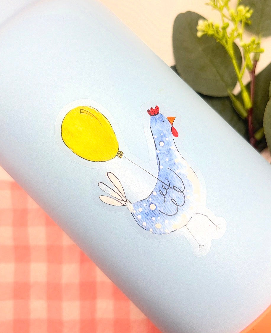Blue Chicken with Yellow Balloon Watercolor Die-Cut Sticker