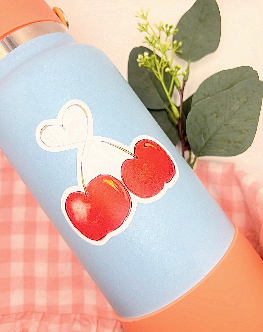 Cherry Heart Stem Watercolor Die-Cut Sticker