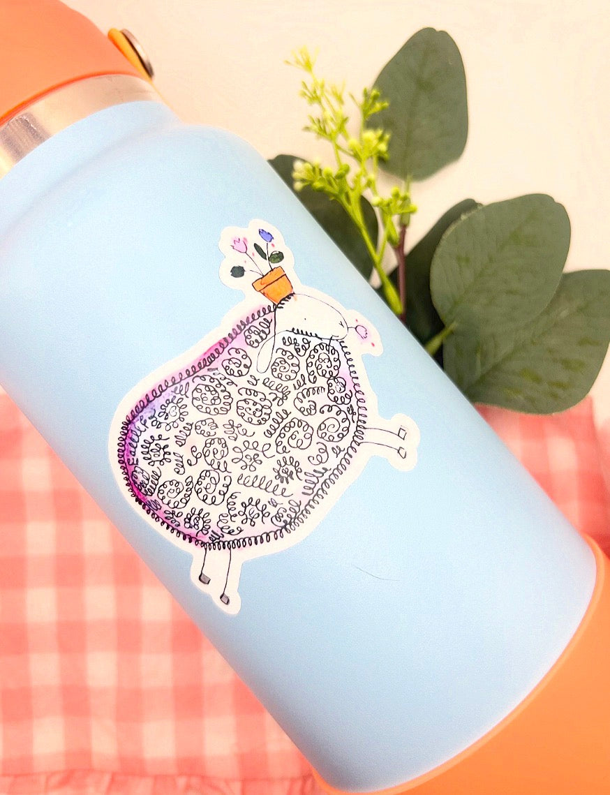 Spring Sheep with Flowers Watercolor Die-Cut Sticker