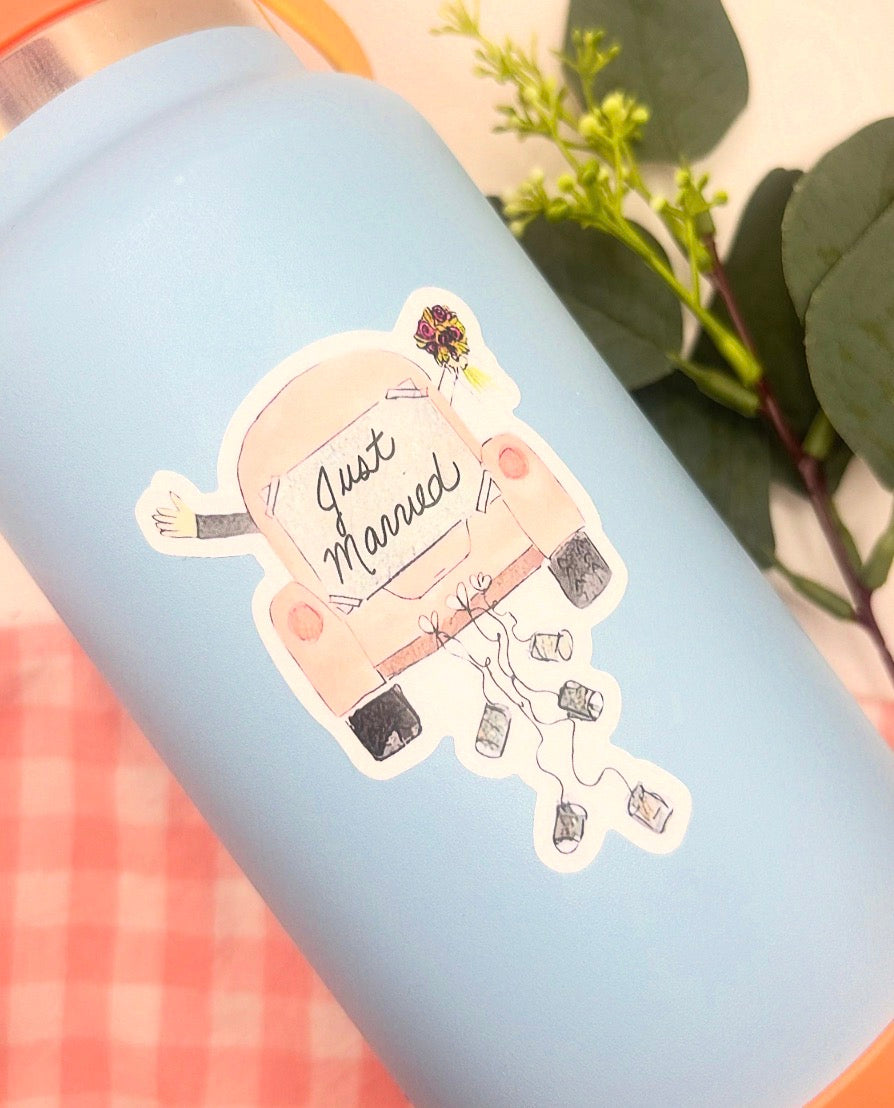 Just Married Car Watercolor Die-Cut Sticker