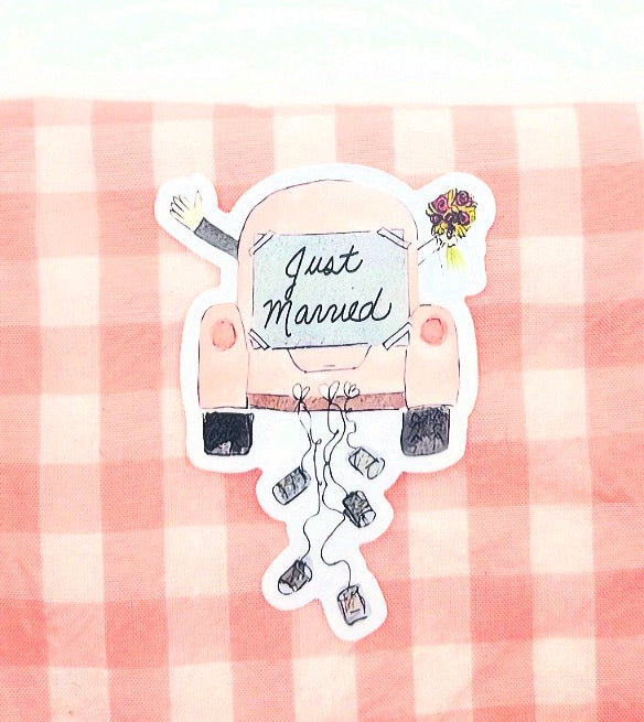 Just Married Car Watercolor Die-Cut Sticker