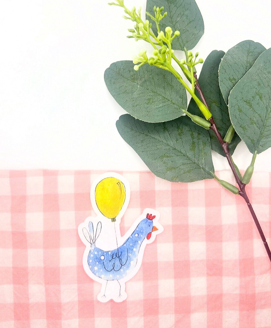 Blue Chicken with Yellow Balloon Watercolor Die-Cut Sticker