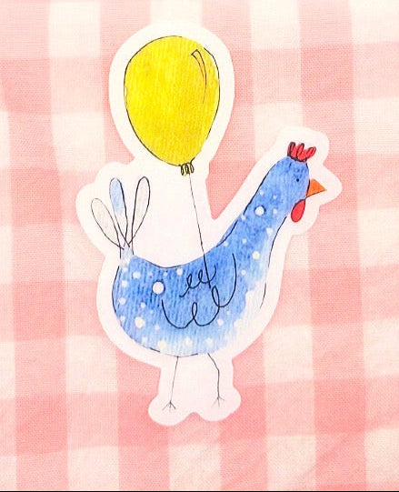 Blue Chicken with Yellow Balloon Watercolor Die-Cut Sticker