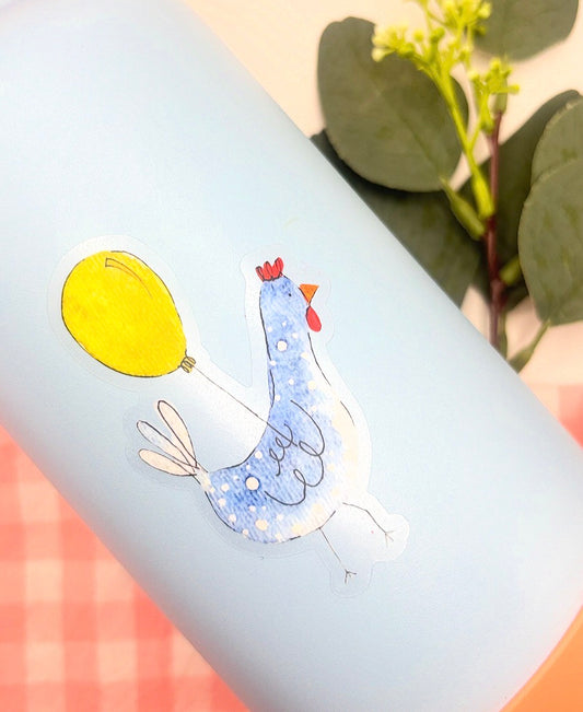 Blue Chicken with Yellow Balloon Watercolor Die-Cut Sticker