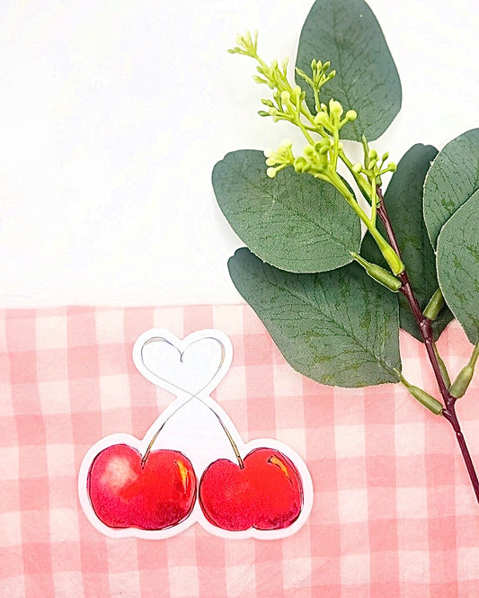 Cherry Heart Stem Watercolor Die-Cut Sticker