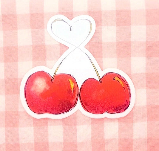 Cherry Heart Stem Watercolor Die-Cut Sticker