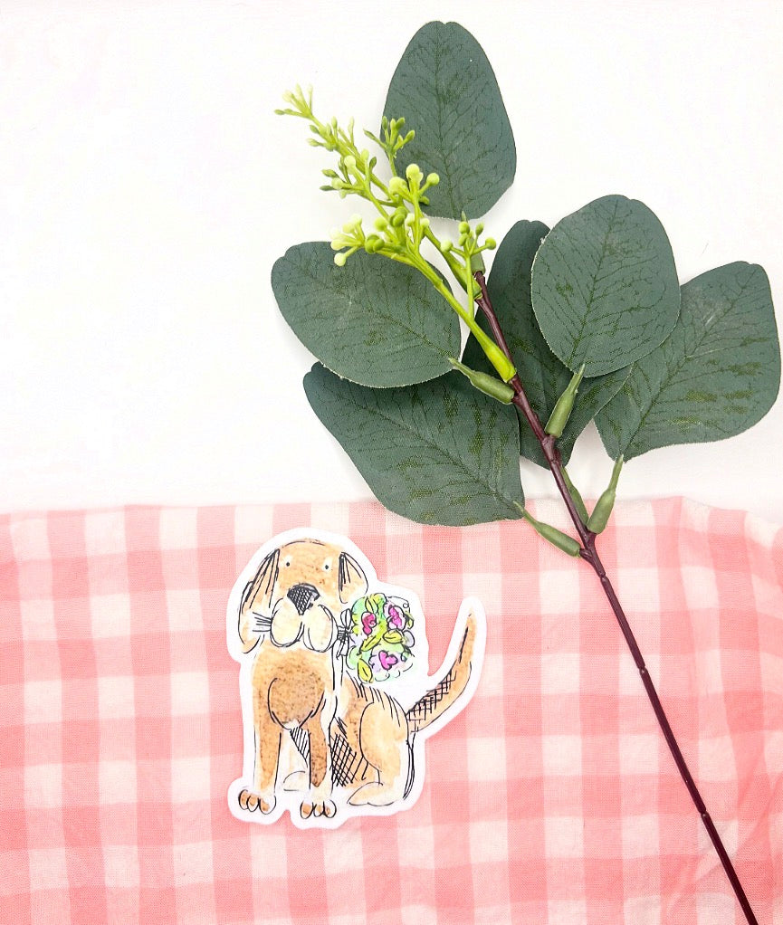 Dog with Flower Bouquet Watercolor Die-Cut Sticker