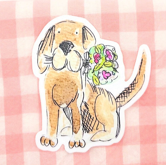 Dog with Flower Bouquet Watercolor Die-Cut Sticker