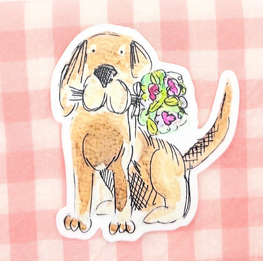 Dog with Flower Bouquet Watercolor Die-Cut Sticker