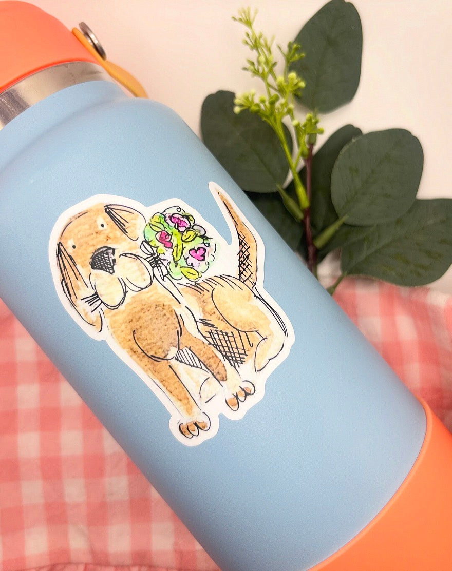 Dog with Flower Bouquet Watercolor Die-Cut Sticker