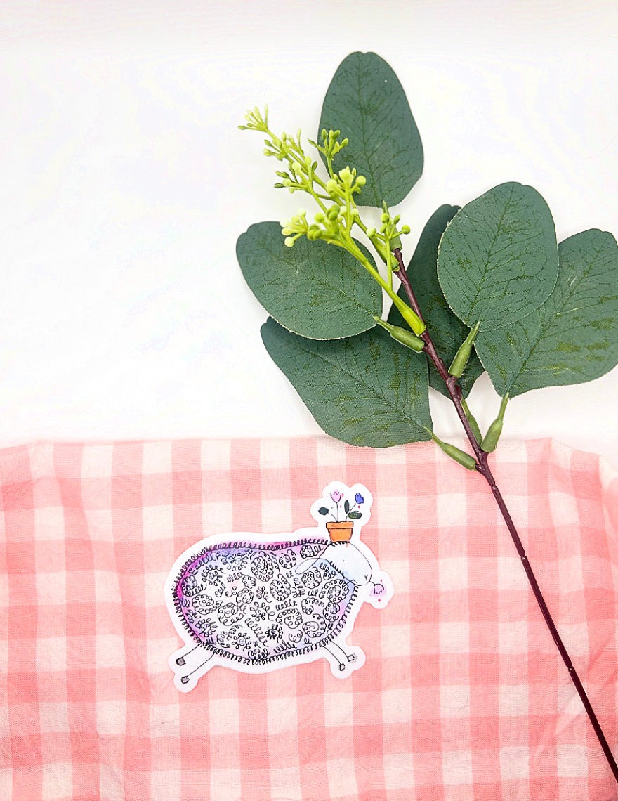 Spring Sheep with Flowers Watercolor Die-Cut Sticker