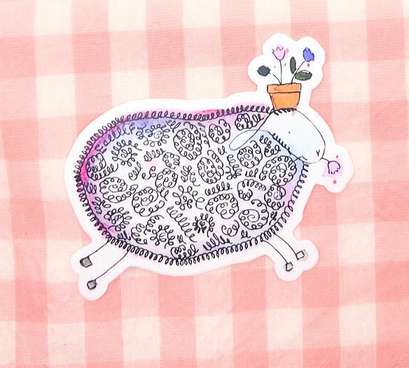Spring Sheep with Flowers Watercolor Die-Cut Sticker